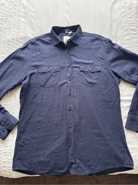 Casual Navy Button-Down Shirt with Dual Chest Pockets